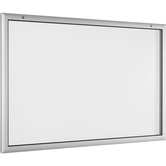 Display case for indoor and outdoor use, door opens downwards 180°, over sized, WxH 1600 x 1025 mm, rear panel pure white RAL 9010.