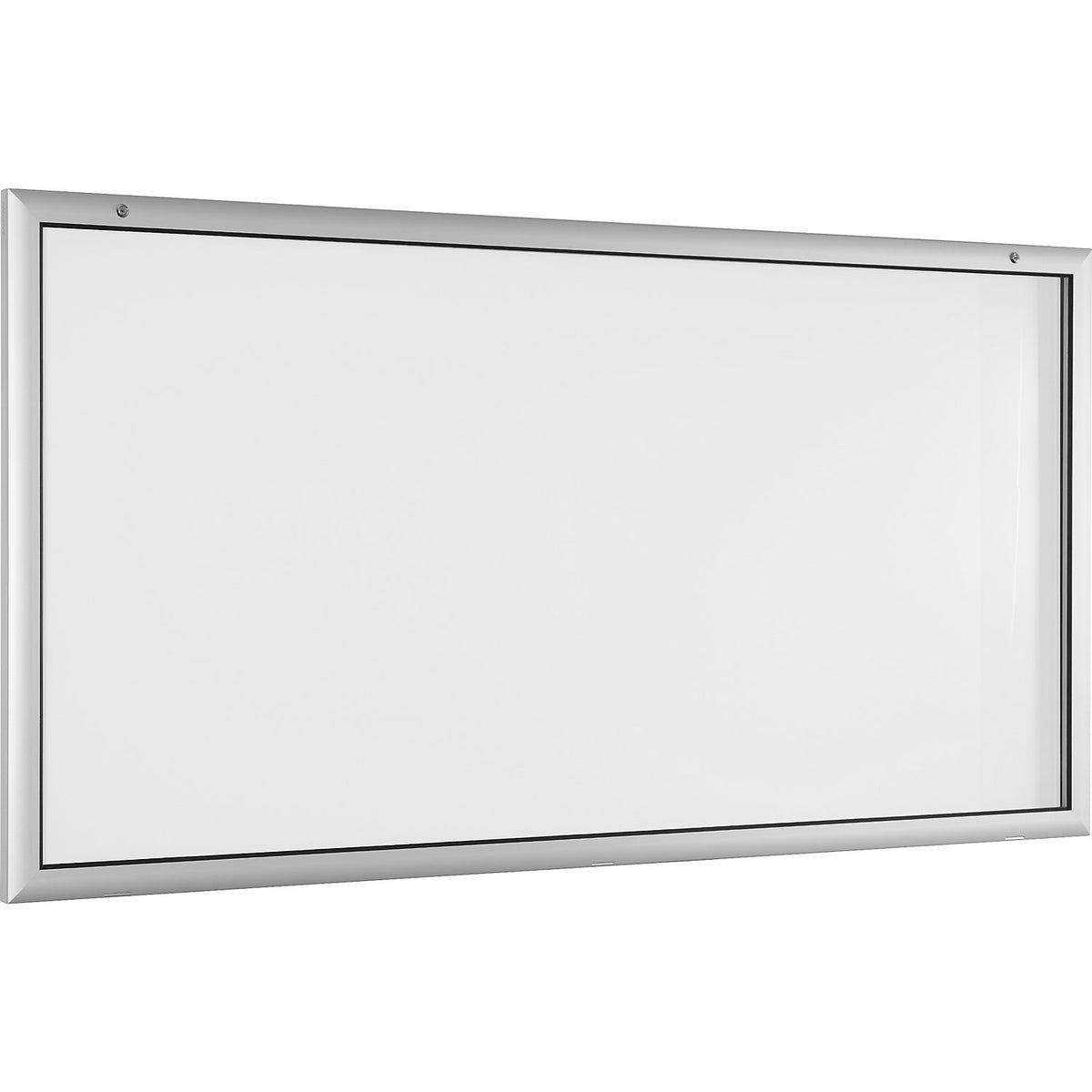Display case for indoor and outdoor use, door opens downwards 180°, over sized, WxH 2000 x 1025 mm, rear panel pure white RAL 9010.
