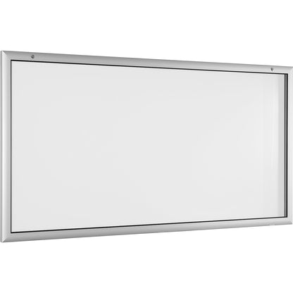 Display case for indoor and outdoor use, door opens downwards 180°, over sized, WxH 2000 x 1025 mm, rear panel pure white RAL 9010.