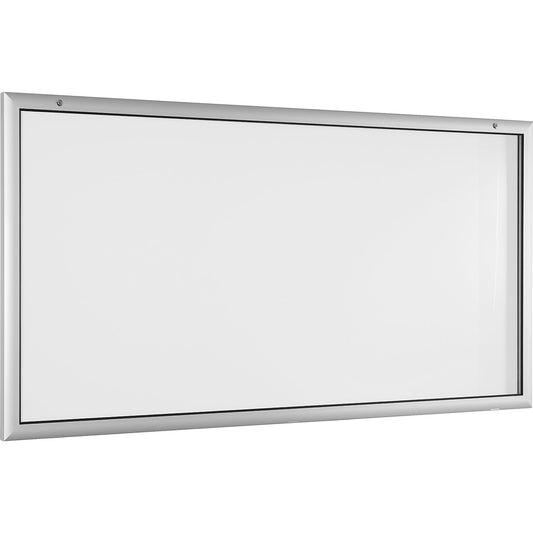 Display case for indoor and outdoor use, door opens downwards 180°, over sized, WxH 2000 x 1025 mm, rear panel pure white RAL 9010.