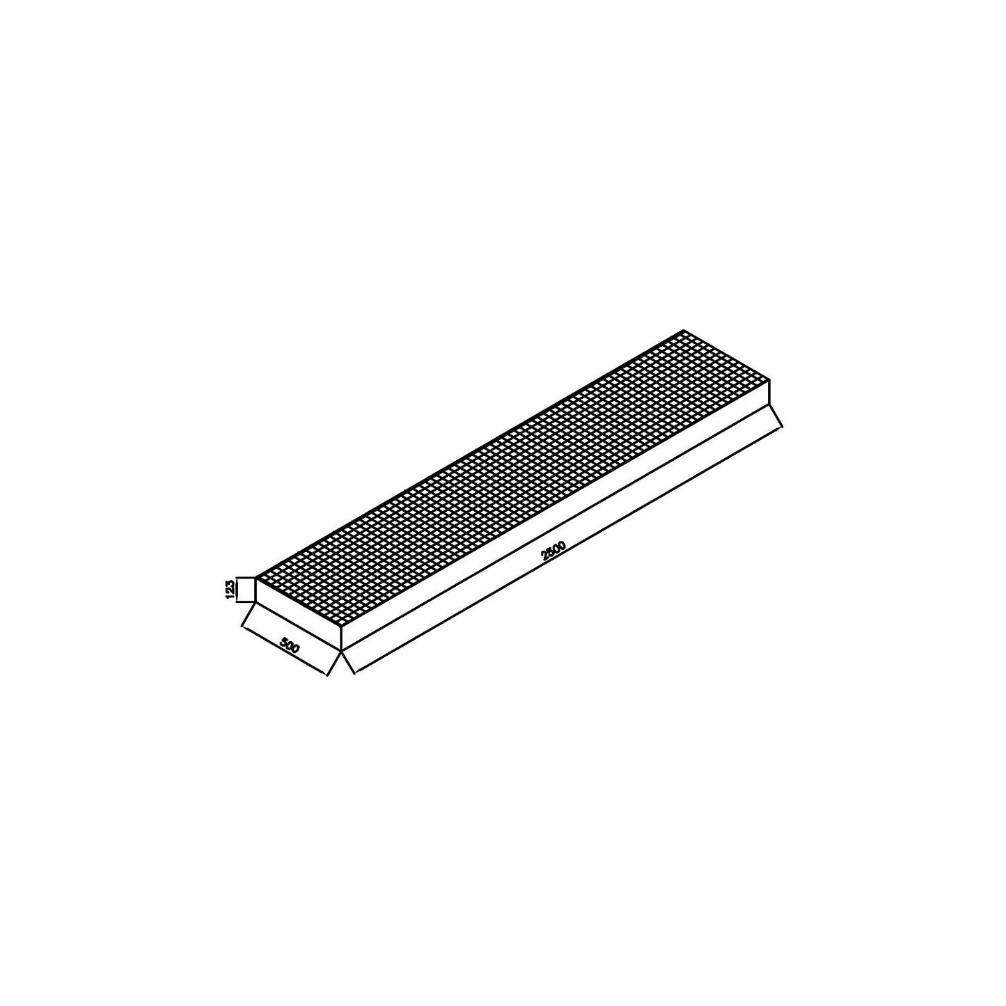 Zinc plated low profile steel sump trays, width 500 mm, length 2500 mm, capacity 100 l.