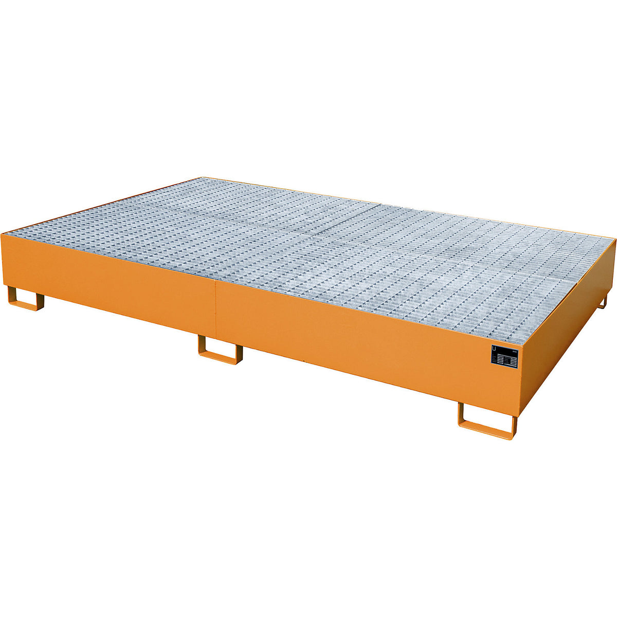 Steel sump tray for IBC/CTC tank containers, LxWxH 2690 x 1650 x 375 mm, sump capacity 1000 l, painted, orange RAL 2000.