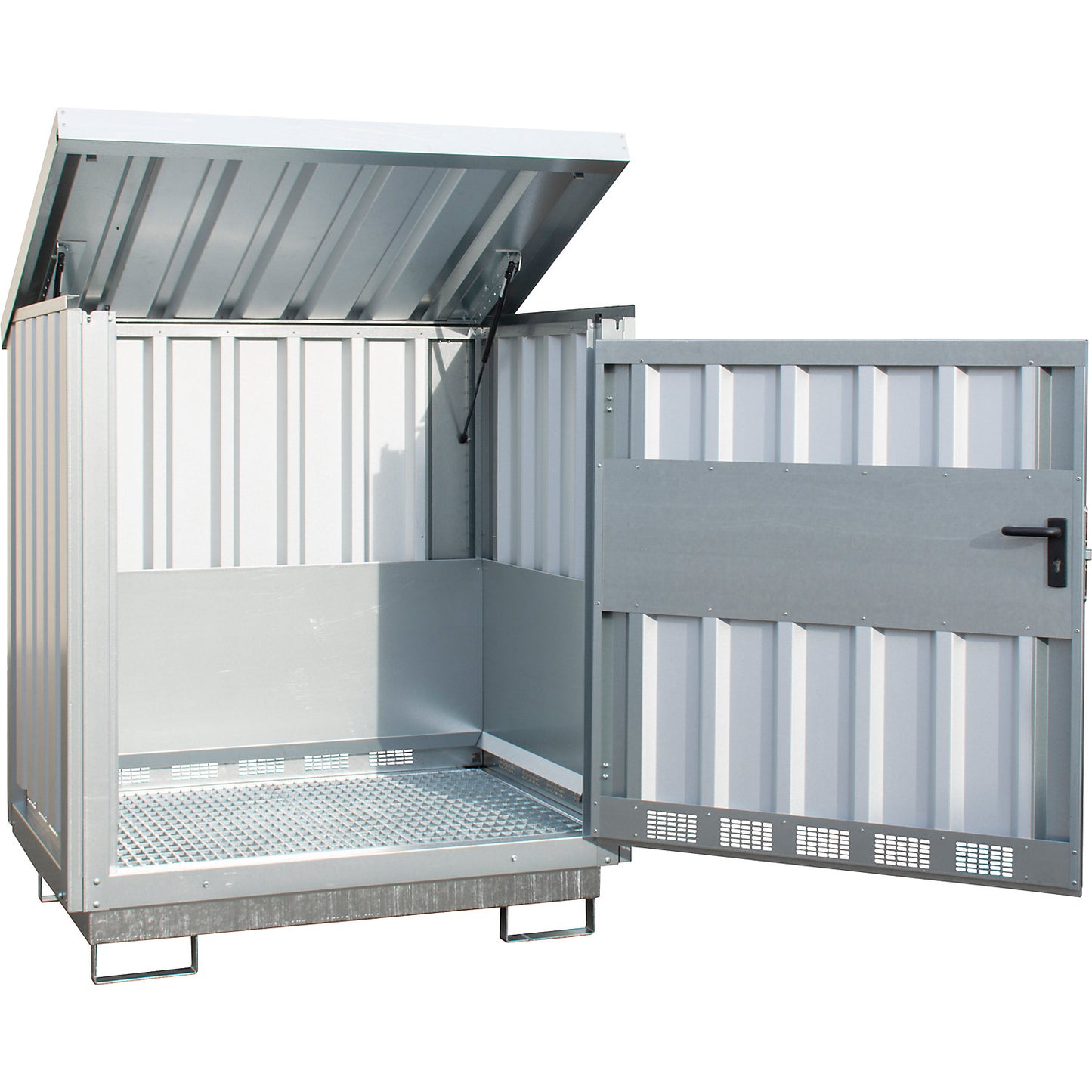 Steel hazardous goods storage depot, for 2 x 200 l drums, zinc plated.