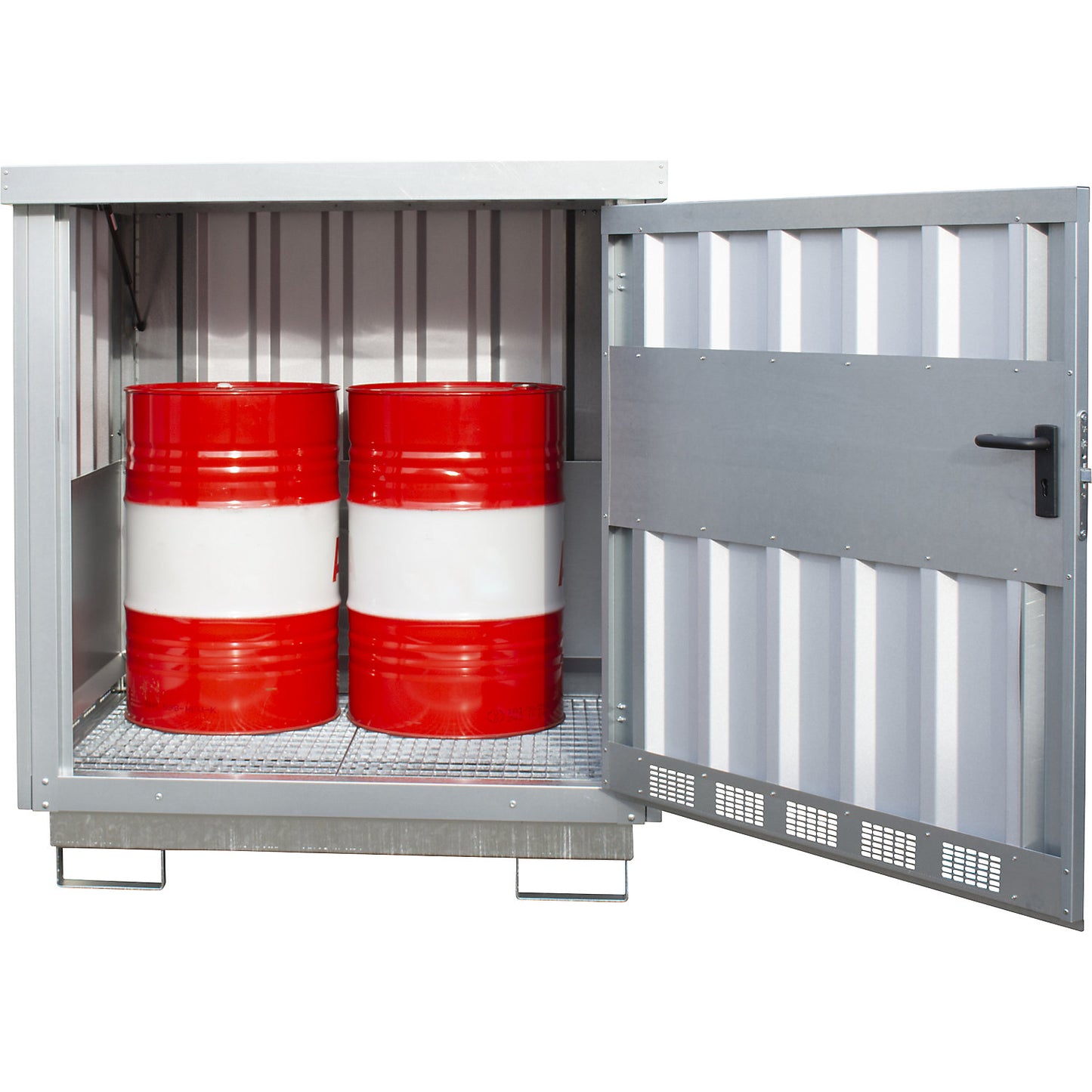 Steel hazardous goods storage depot, for 2 x 200 l drums, zinc plated.