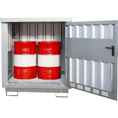 Steel hazardous goods storage depot, for 2 x 200 l drums, zinc plated.