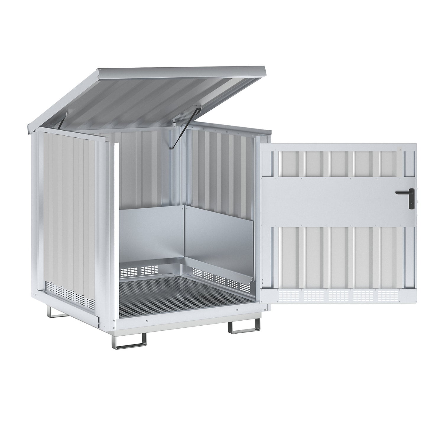 Steel hazardous goods storage depot, for 4 x 200 l drums, zinc plated.