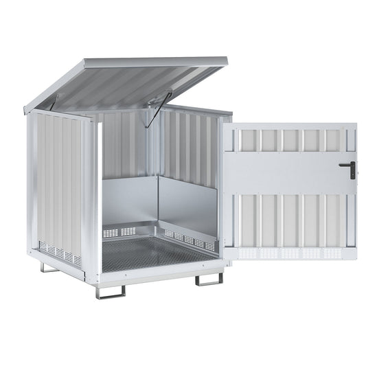 Steel hazardous goods storage depot, for 4 x 200 l drums, zinc plated.
