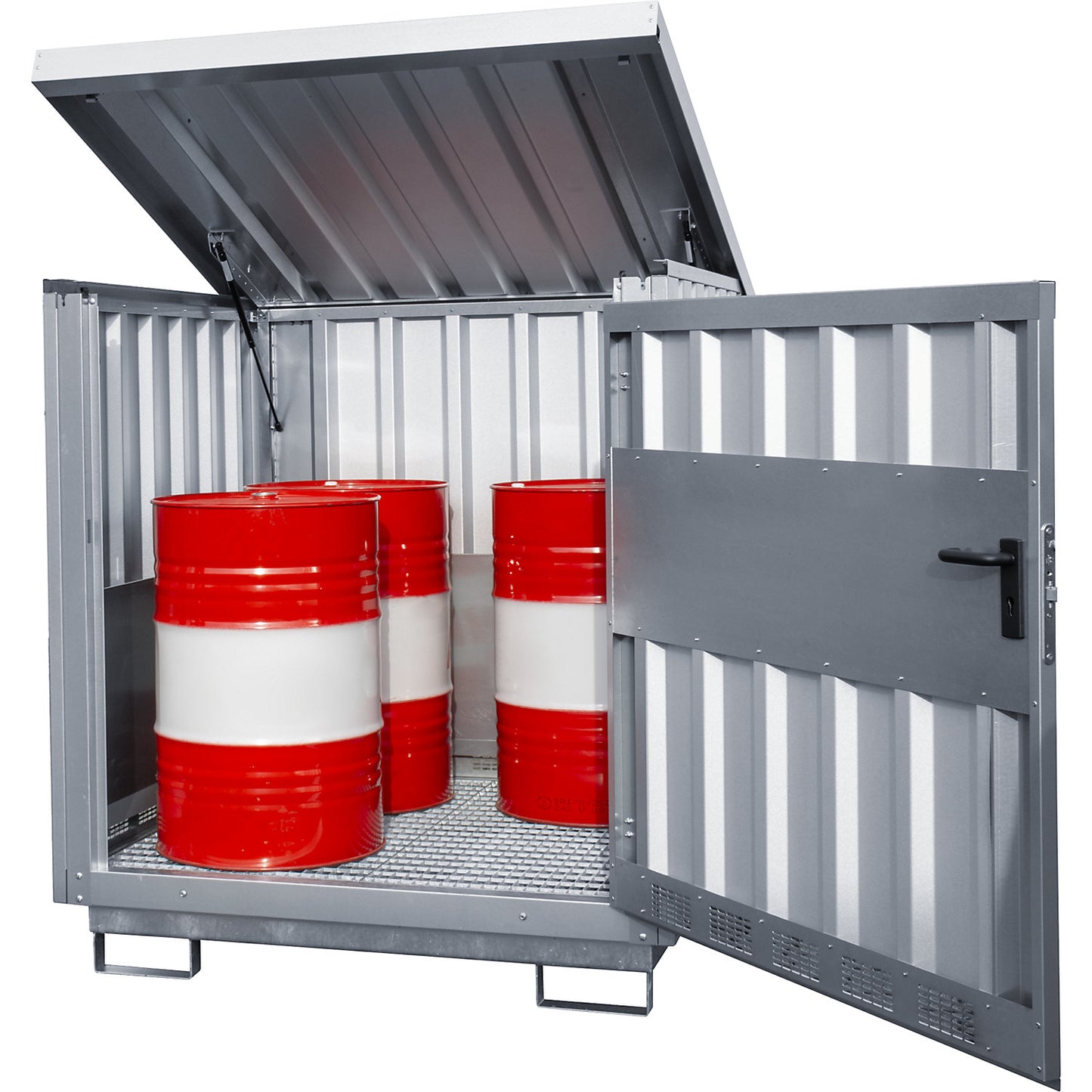 Steel hazardous goods storage depot, for 4 x 200 l drums, zinc plated.