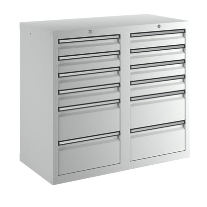 Drawer cupboard, HxWxD 900 x 1000 x 500 mm, 8 x 100 mm drawers, 4 x 200 mm high drawers, grey body and drawers.