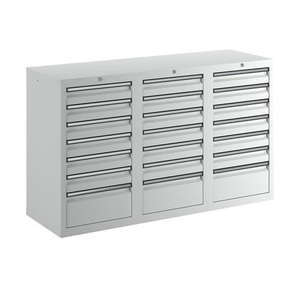 Drawer cupboard, HxWxD 900 x 1500 x 500 mm, 18 x 100 mm drawers, 3 x 200 mm high drawers, grey body and drawers.