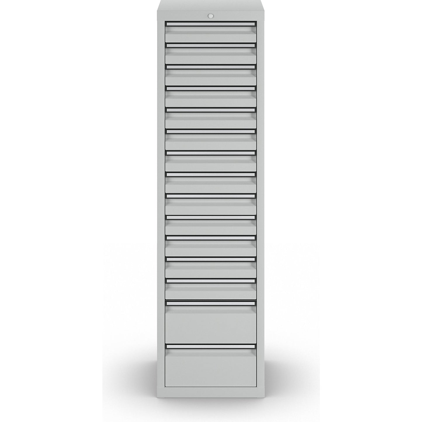 Drawer cupboard, HxWxD 1800 x 500 x 500 mm, 13 x 100 mm drawers, 2 x 200 mm high drawers, grey body and drawers.