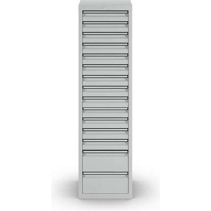 Drawer cupboard, HxWxD 1800 x 500 x 500 mm, 13 x 100 mm drawers, 2 x 200 mm high drawers, grey body and drawers.