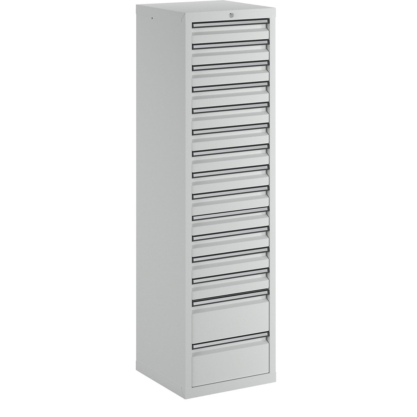 Drawer cupboard, HxWxD 1800 x 500 x 500 mm, 13 x 100 mm drawers, 2 x 200 mm high drawers, grey body and drawers.