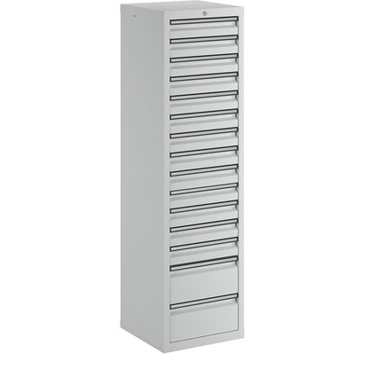 Drawer cupboard, HxWxD 1800 x 500 x 500 mm, 13 x 100 mm drawers, 2 x 200 mm high drawers, grey body and drawers.