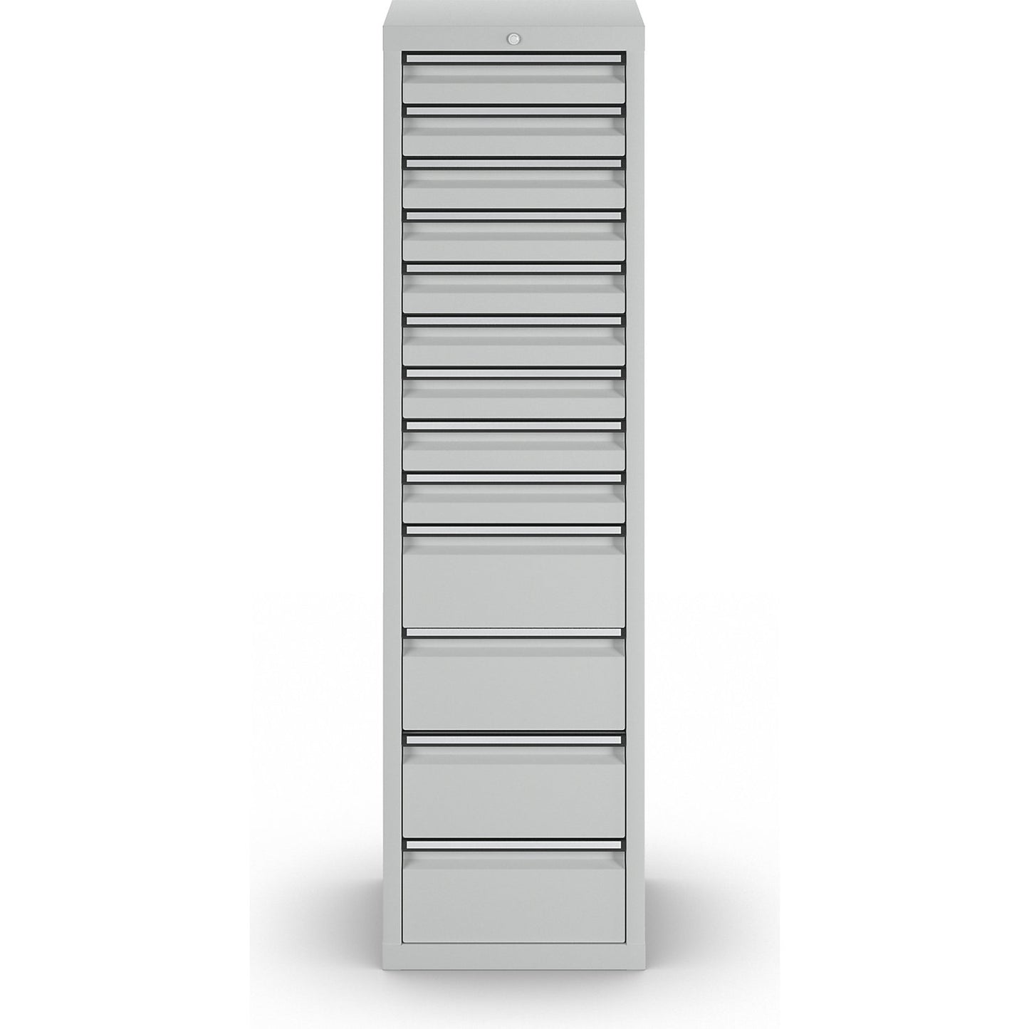 Drawer cupboard, HxWxD 1800 x 500 x 500 mm, 9 x 100 mm drawers, 4 x 200 mm high drawers, grey body and drawers.