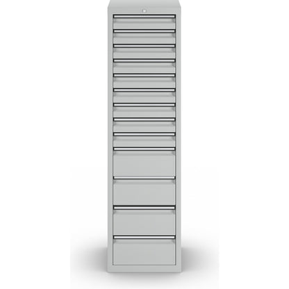 Drawer cupboard, HxWxD 1800 x 500 x 500 mm, 9 x 100 mm drawers, 4 x 200 mm high drawers, grey body and drawers.