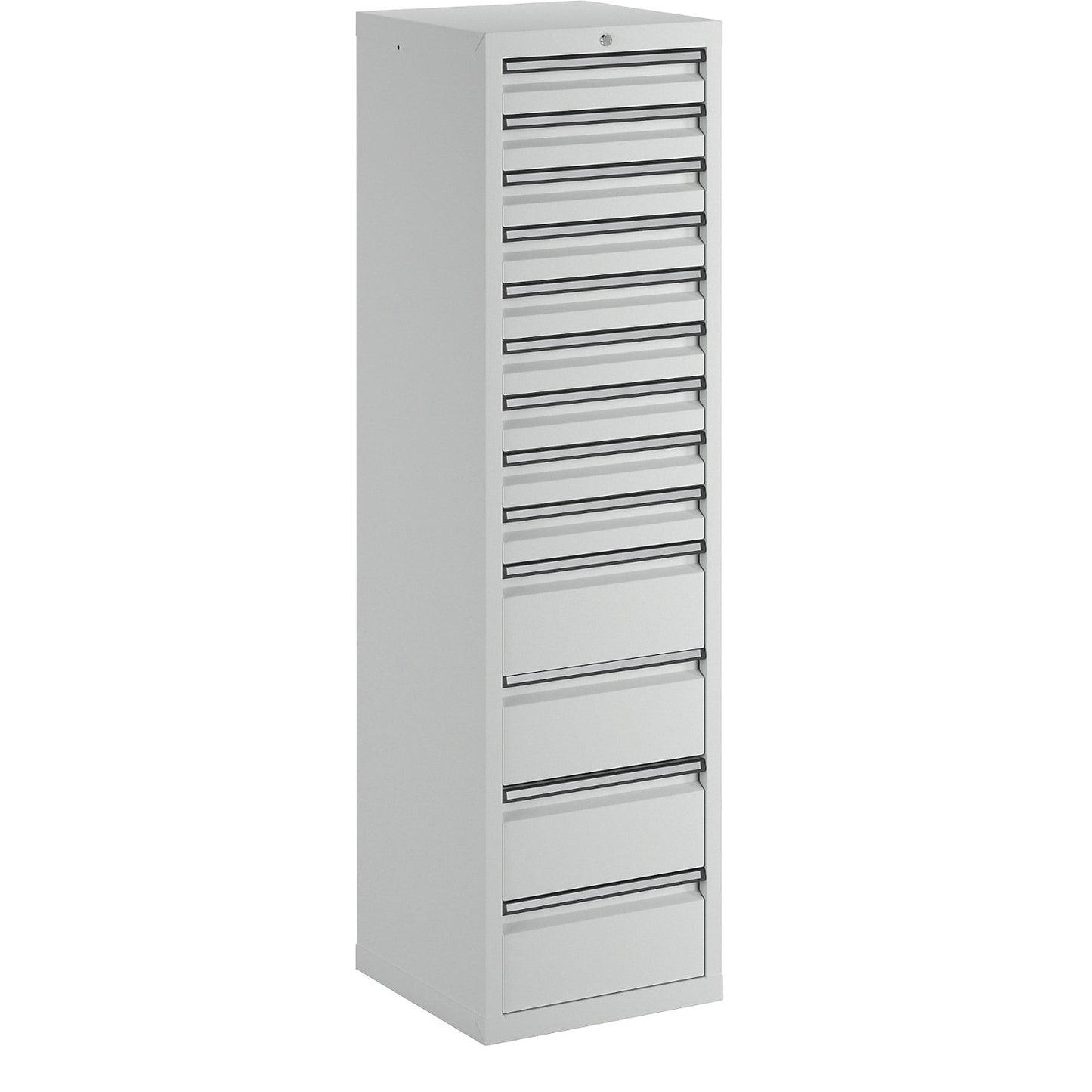 Drawer cupboard, HxWxD 1800 x 500 x 500 mm, 9 x 100 mm drawers, 4 x 200 mm high drawers, grey body and drawers.