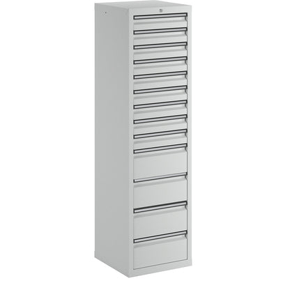 Drawer cupboard, HxWxD 1800 x 500 x 500 mm, 9 x 100 mm drawers, 4 x 200 mm high drawers, grey body and drawers.