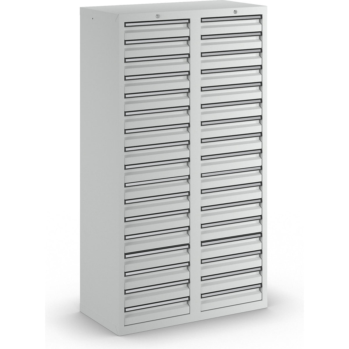 Drawer cupboard, HxWxD 1800 x 1000 x 500 mm, 34 drawers 100 mm high, grey body and drawers.