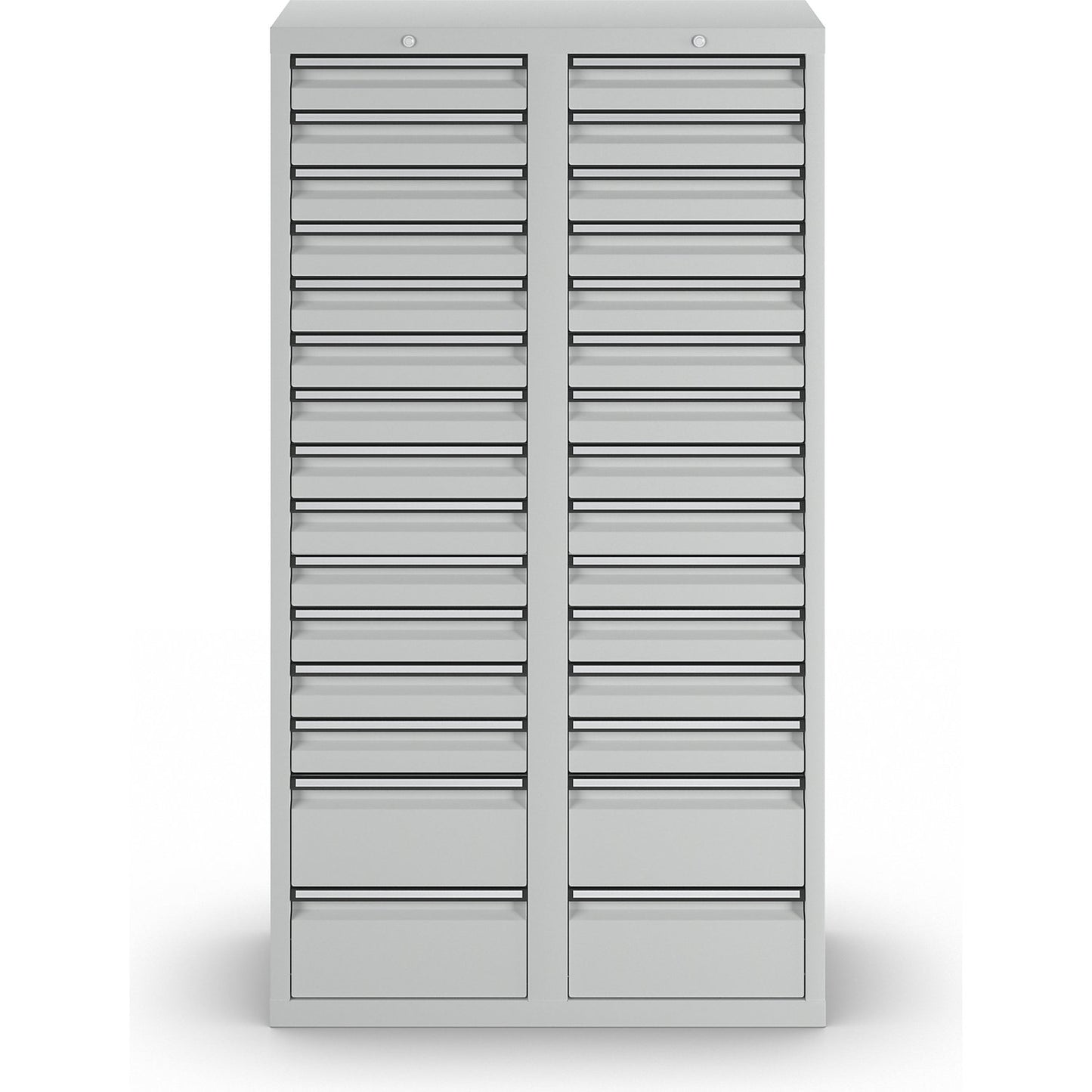 Drawer cupboard, HxWxD 1800 x 1000 x 500 mm, 26 x 100 mm drawers, 4 x 200 mm high drawers, grey body and drawers.