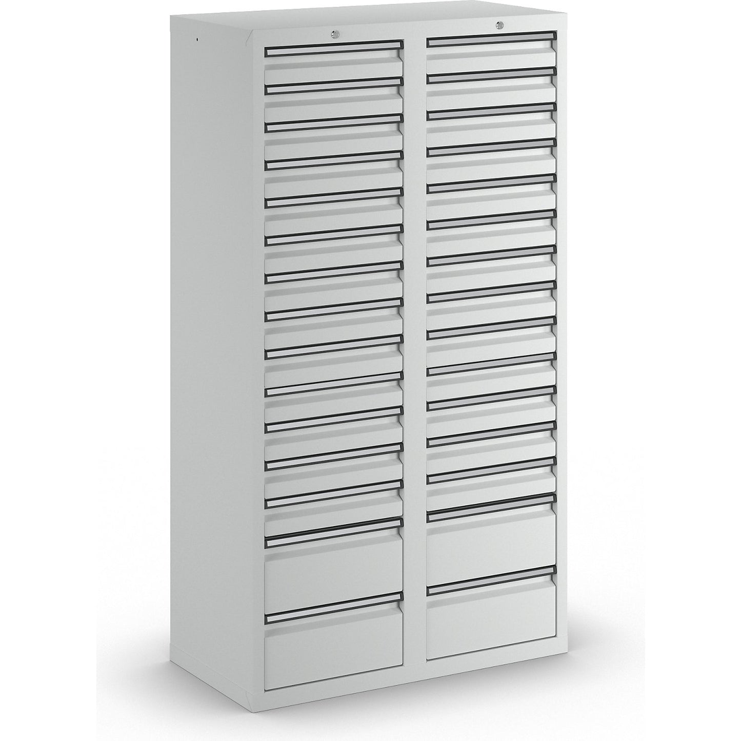 Drawer cupboard, HxWxD 1800 x 1000 x 500 mm, 26 x 100 mm drawers, 4 x 200 mm high drawers, grey body and drawers.