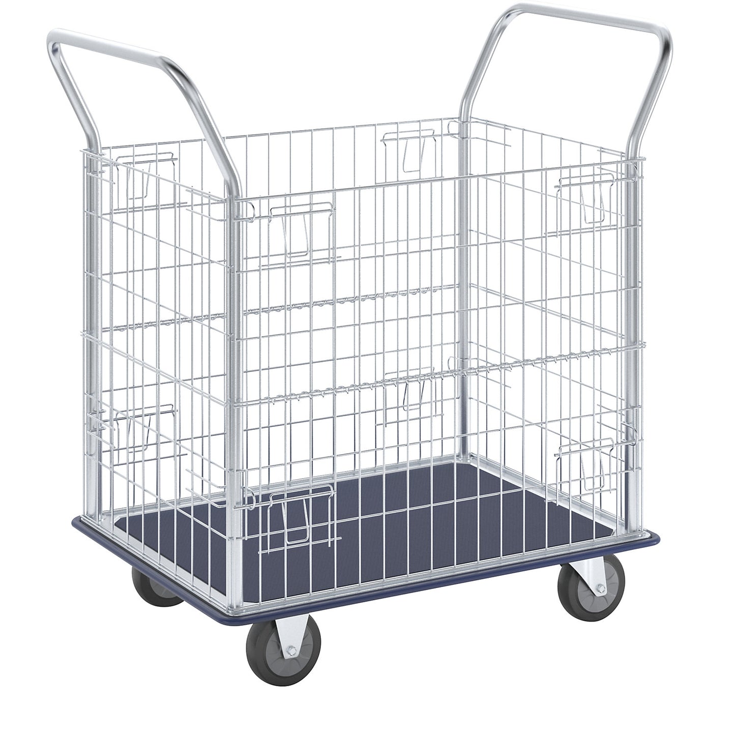 Mesh trolley, zinc plated mesh sides, with stainless steel push handles, max. load 370 kg.