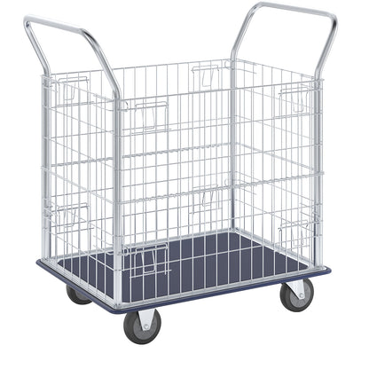 Mesh trolley, zinc plated mesh sides, with stainless steel push handles, max. load 370 kg.