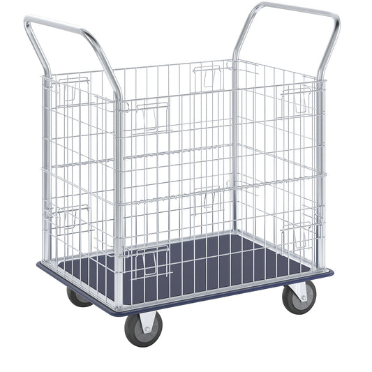 Mesh trolley, zinc plated mesh sides, with stainless steel push handles, max. load 370 kg.