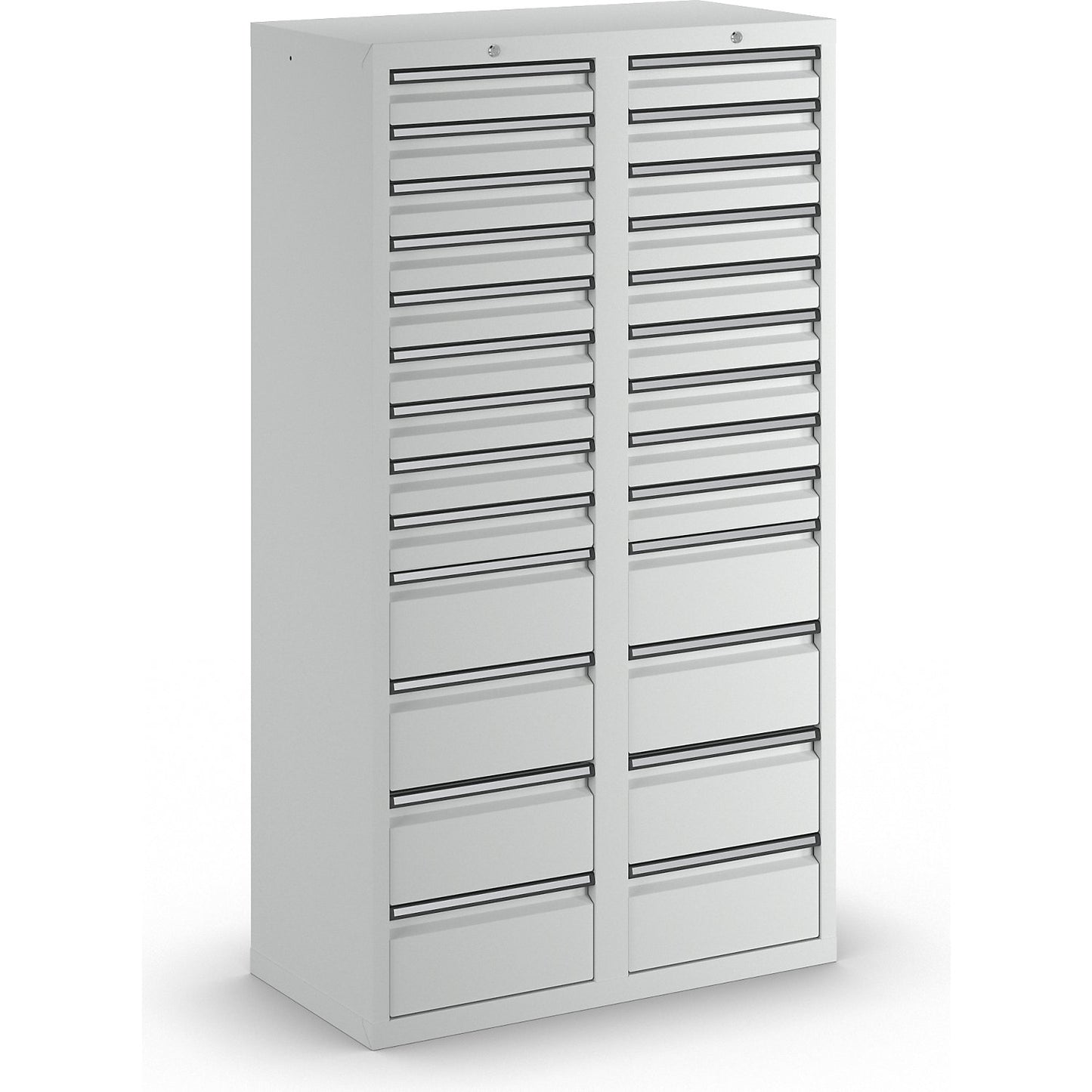 Drawer cupboard, HxWxD 1800 x 1000 x 500 mm, 18 x 100 mm drawers, 8 x 200 mm high drawers, grey body and drawers.