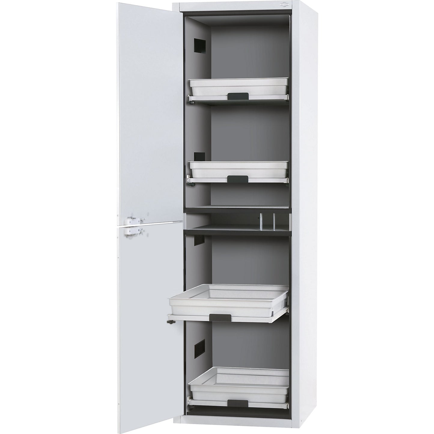 Full height safety cupboard for acids and alkalis, 1-door, with 4 drawers.