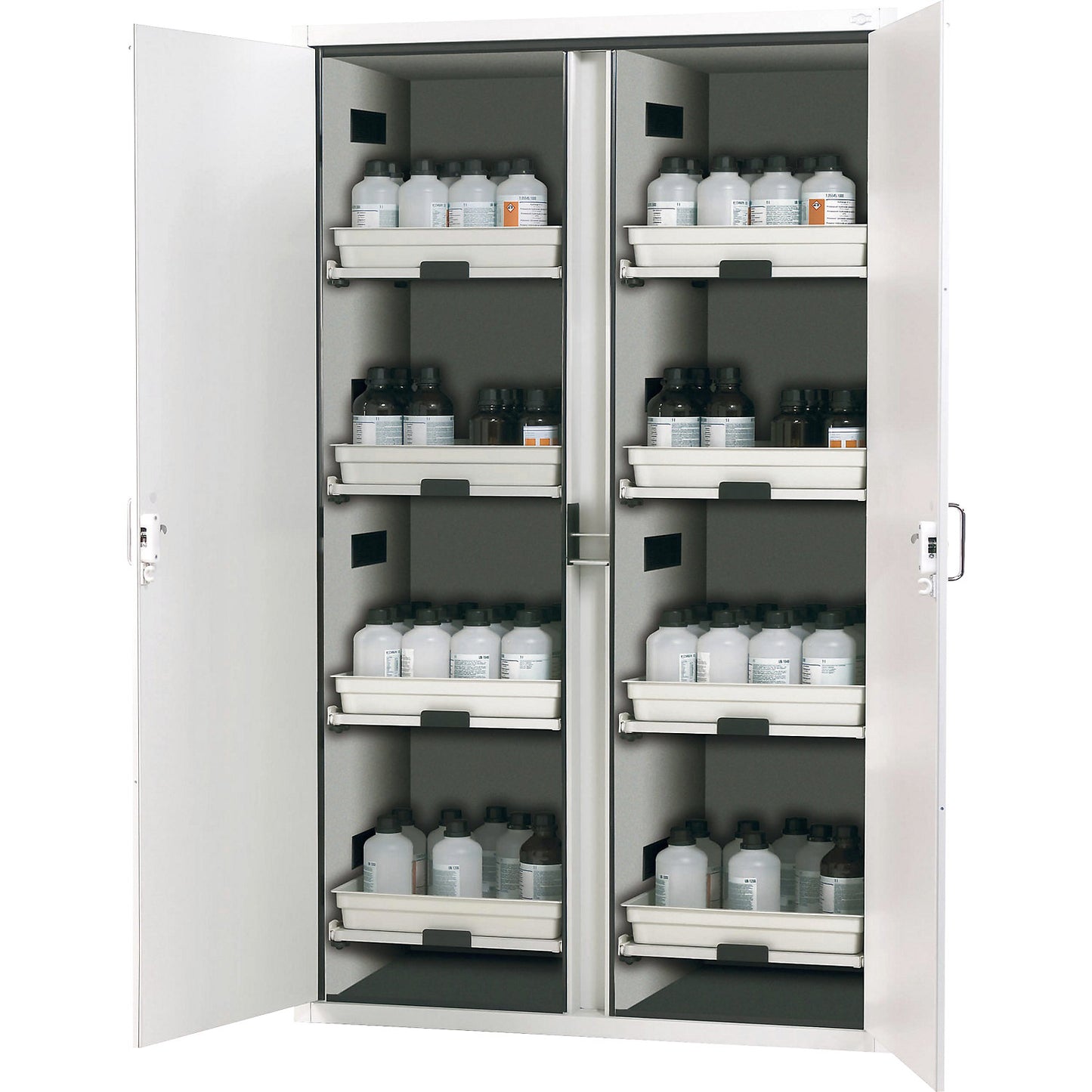 Full height safety cupboard for acids and alkalis, 2-door, with 8 drawers.