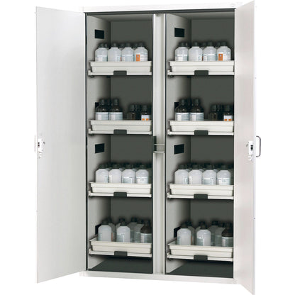 Full height safety cupboard for acids and alkalis, 2-door, with 8 drawers.