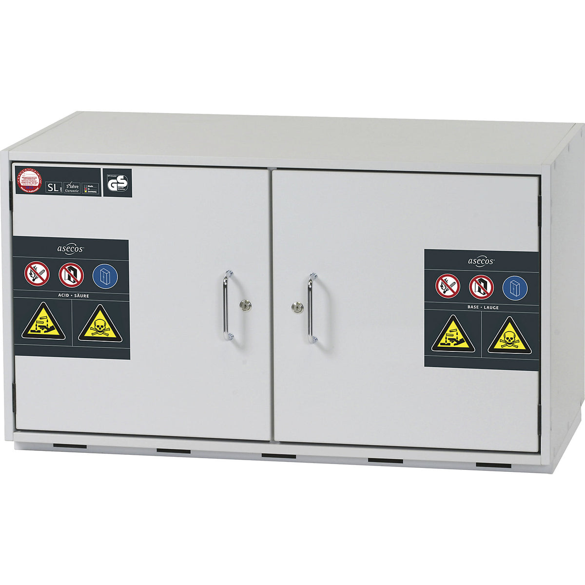 Hazardous goods base cupboard for acids and alkaline solutions, 2-door, HxWxD 600 x 1100 x 570 mm, 4 drawers.
