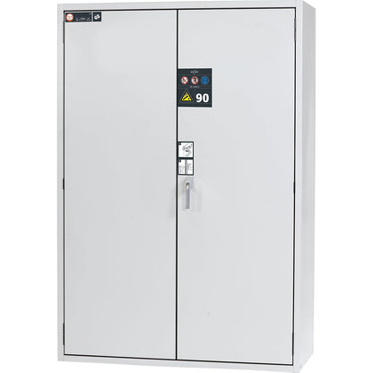 G90 fire-resistant pressurised gas cylinder cupboard, for storage in workrooms, for 4 x 50 l bottles, external width 1400 mm.