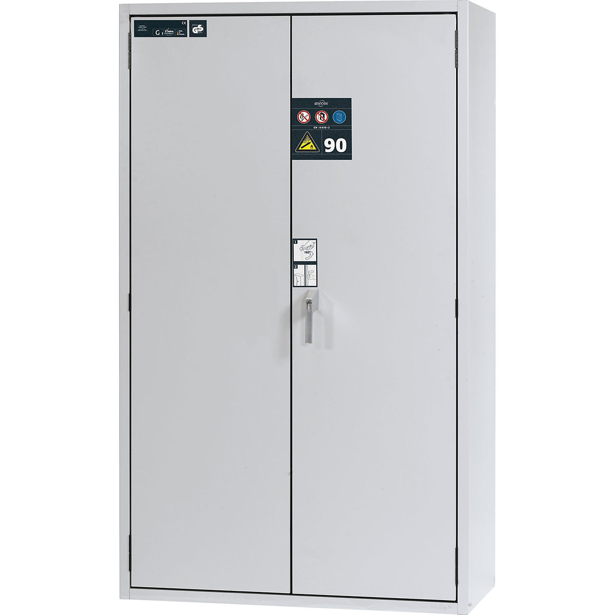 G90 fire-resistant pressurised gas cylinder cupboard, for storage in workrooms, for 4 x 50 l bottles, external width 1200 mm.