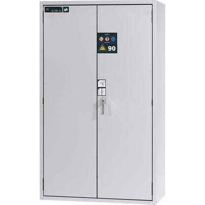 G90 fire-resistant pressurised gas cylinder cupboard, for storage in workrooms, for 4 x 50 l bottles, external width 1200 mm.