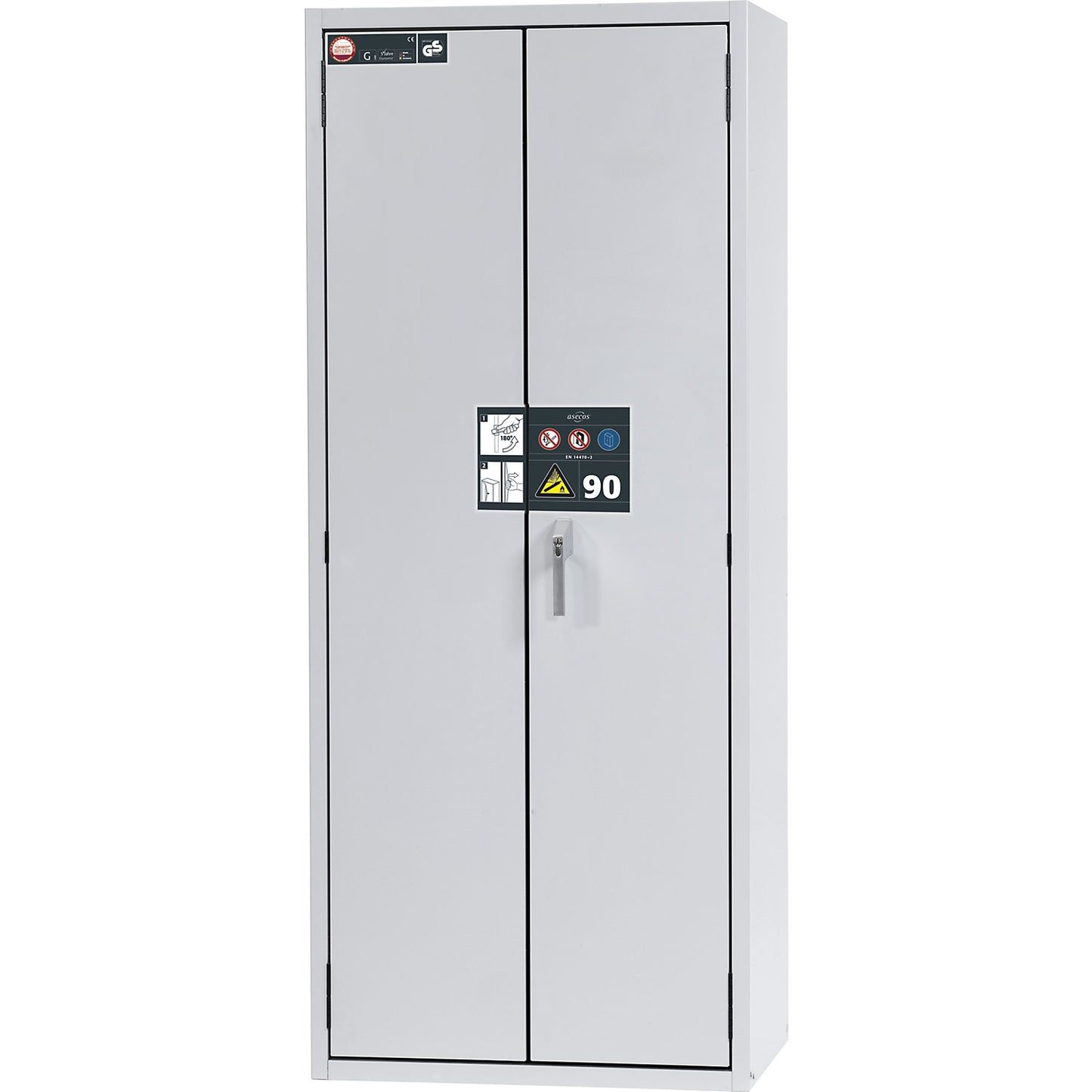 G90 fire-resistant pressurised gas cylinder cupboard, for storage in workrooms, for 3 x 50 l bottles.