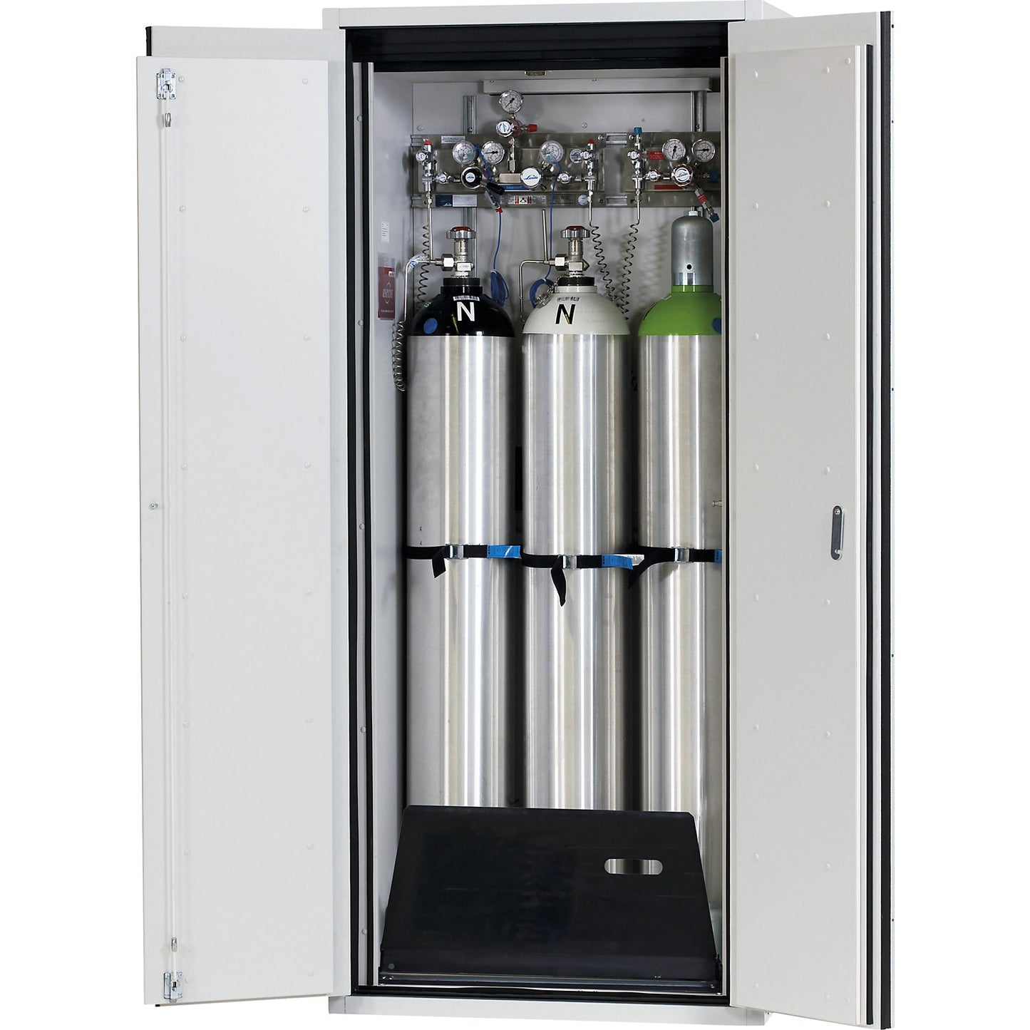 G90 fire-resistant pressurised gas cylinder cupboard, for storage in workrooms, for 3 x 50 l bottles.
