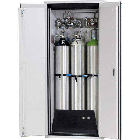 G90 fire-resistant pressurised gas cylinder cupboard, for storage in workrooms, for 3 x 50 l bottles.