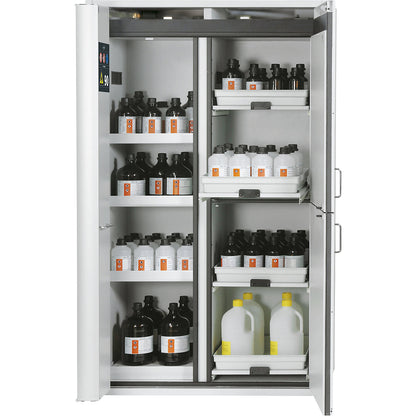 Type 90 safety combination cupboard, 2 doors, 3 shelves, 4 trays, for flammable and corrosive media.