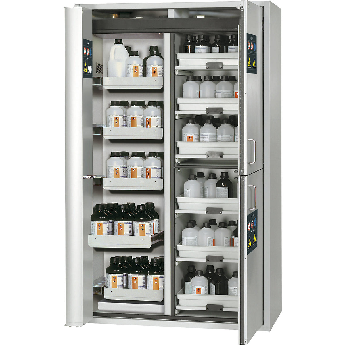 Type 90 safety combination cupboard, 2 doors, 6 drawers, 6 trays, for flammable and corrosive media.