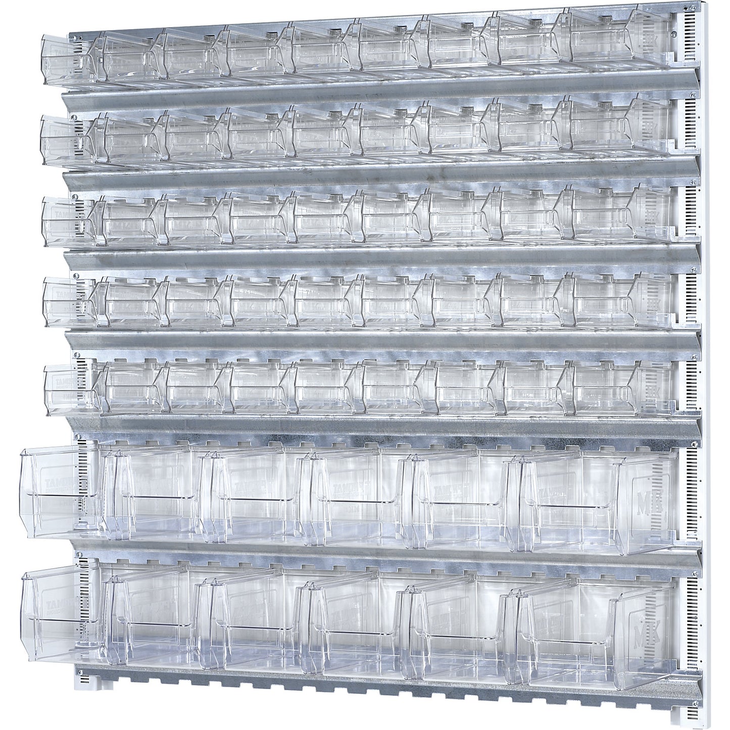 Wall shelf system with open fronted storage bins, 7 rails, 57 bins, HxW 1000 x 1010 mm.