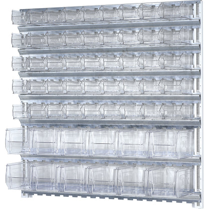 Wall shelf system with open fronted storage bins, 7 rails, 57 bins, HxW 1000 x 1010 mm.
