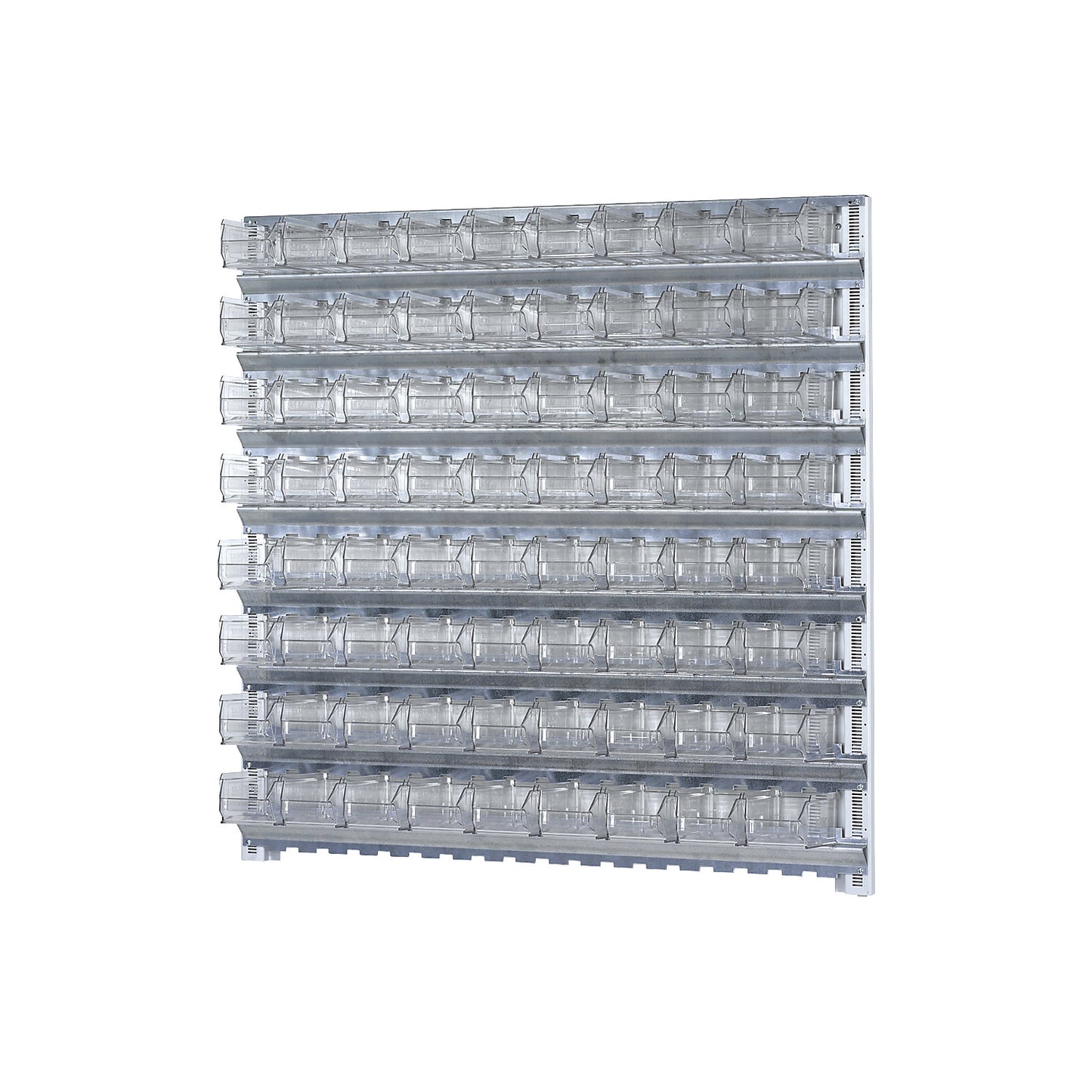 Wall shelf system with open fronted storage bins, 8 rails, 72 bins, HxW 1000 x 1010 mm.