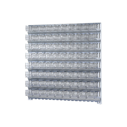 Wall shelf system with open fronted storage bins, 8 rails, 72 bins, HxW 1000 x 1010 mm.