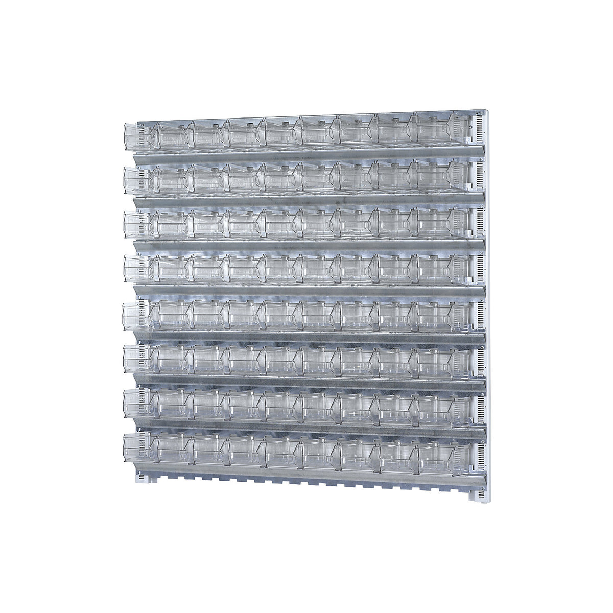 Wall shelf system with open fronted storage bins, 8 rails, 72 bins, HxW 1000 x 1010 mm.