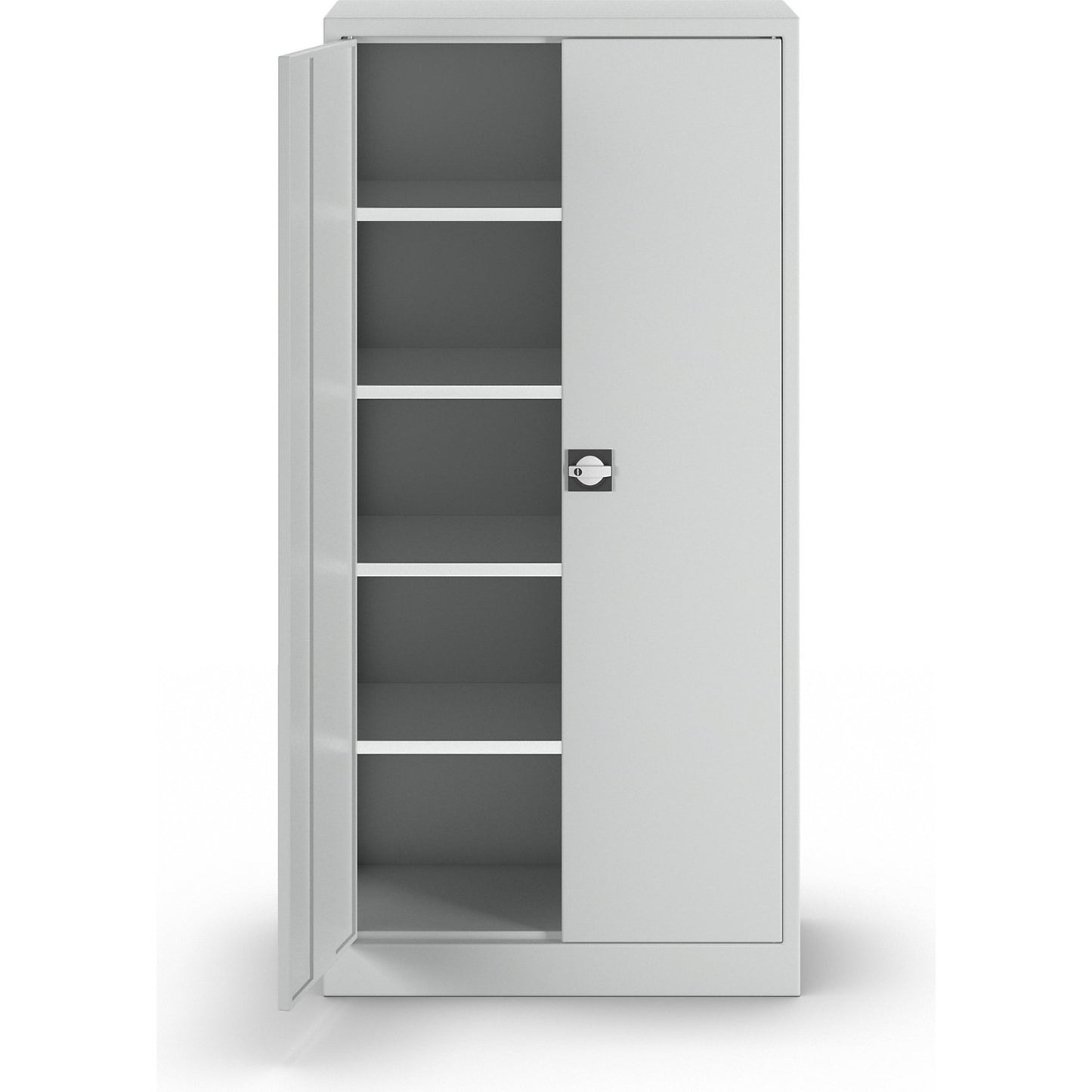 Double door cupboard made of sheet steel, HxWxD 1950 x 950 x 500 mm, 4 shelves, light grey RAL 7035.