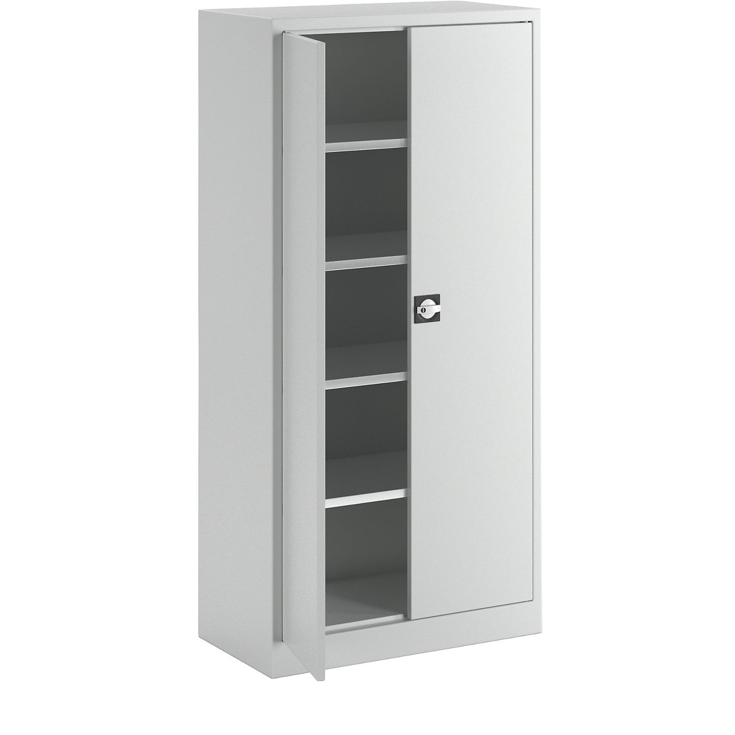 Double door cupboard made of sheet steel, HxWxD 1950 x 950 x 500 mm, 4 shelves, light grey RAL 7035.
