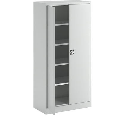 Double door cupboard made of sheet steel, HxWxD 1950 x 950 x 500 mm, 4 shelves, light grey RAL 7035.