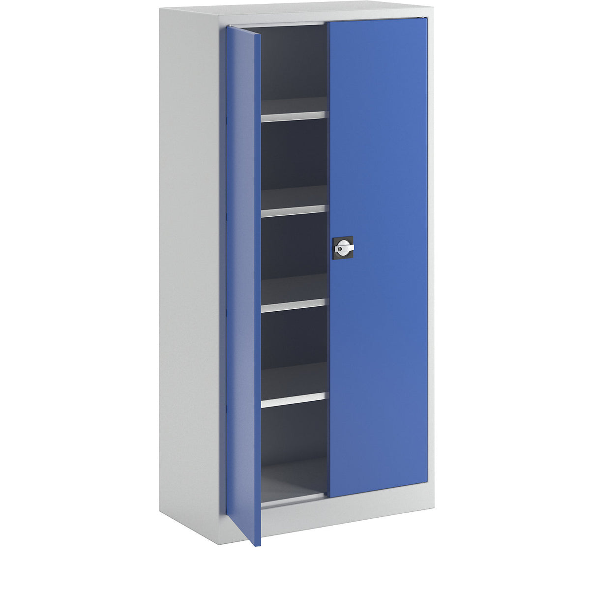 Double door cupboard made of sheet steel, HxWxD 1950 x 950 x 500 mm, 4 shelves, light grey RAL 7035 / gentian blue RAL 5010.